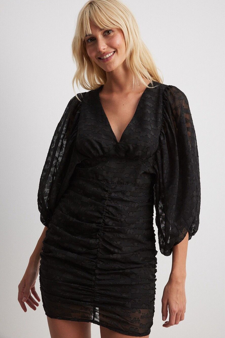 NWT NAKD Gathered Sheer Mini Dress 3/4 Puff Sleeve Deep V Neck Black M